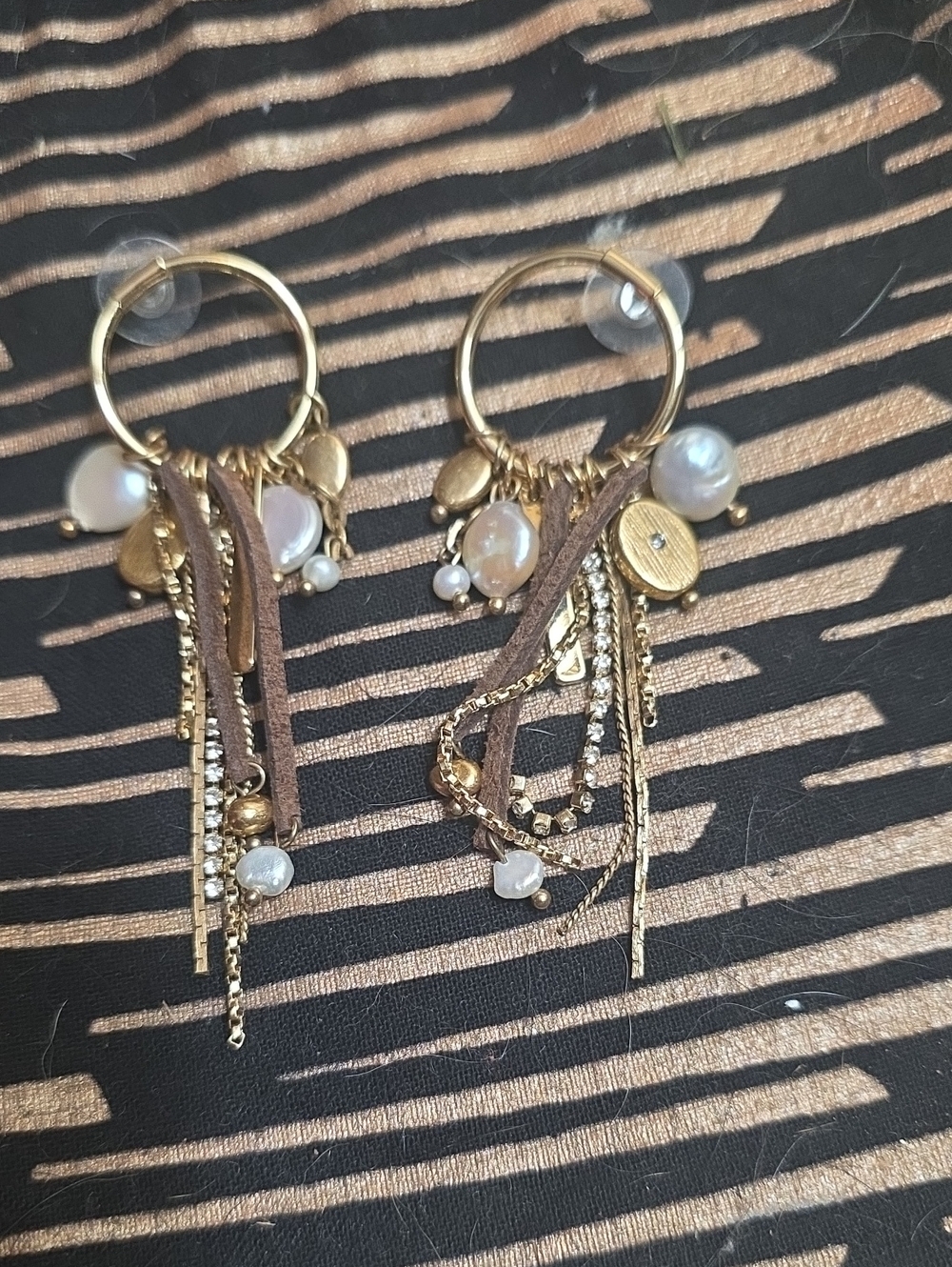 Gold Pearl & Brown Suede Multi-Chain Drop Earrings